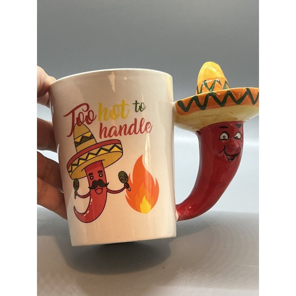 “Too Hot To Handle” Red Chili W/ Sombrero Mug Mexican Meal Cinco 4.25” Tall